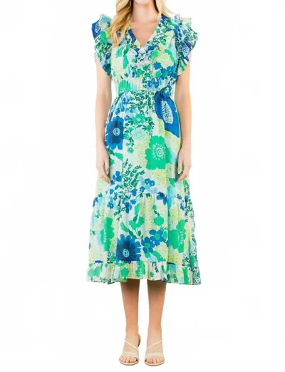 Thml Flutter Sleeve Pattern Tiered Midi Dress In Blue And Green Floral