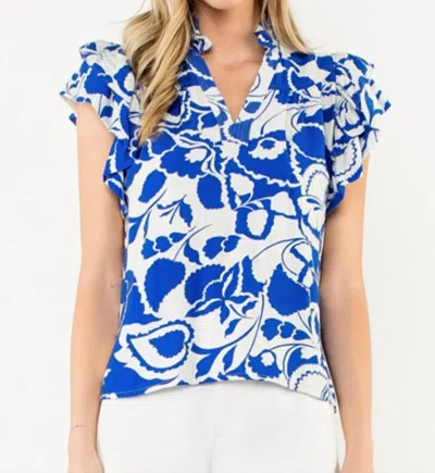 Thml Flutter Sleeve Print Top In Blue/cream In Multi