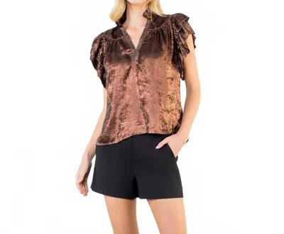Thml Flutter Sleeve Shimmery V Neck Top In Bronze In Brown
