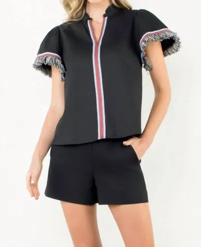 Thml Fringe Detail Short Sleeve V-neck Top In Black