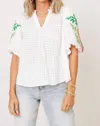 THML GARDEN PARTY EMBROIDERED PUFF SLEEVE TOP IN WHITE