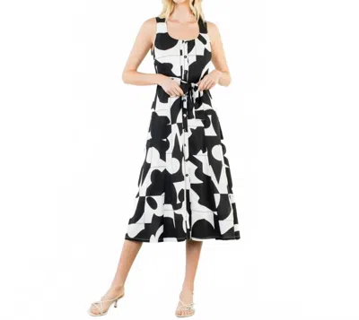 Thml Geometric Tie Waist Midi Dress In Black/white In Multi
