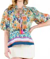 Thml Ginny Puff Sleeve Boho Floral Top In Multi In Blue