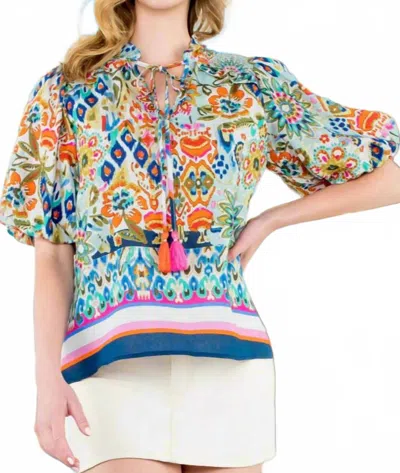 Thml Ginny Puff Sleeve Boho Floral Top In Multi In Blue