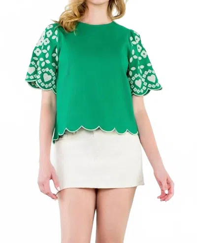 Thml Hadley Embroidered Scallop Sleeve Top In Emerald In Green