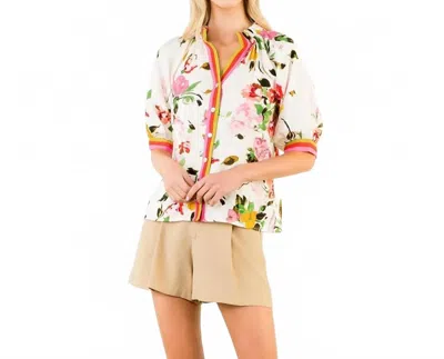 Thml Half Sleeve Button Down Floral Print Top In Ivory In Multi