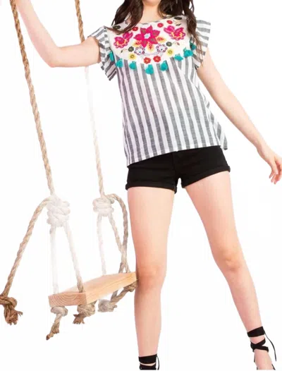Thml Hannah Embroidered Top In Grey Stripe In Gray