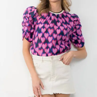 Thml Heart Print Top In Pink Hearts In Navy In Blue