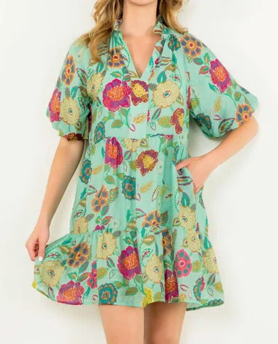 Thml Hibiscus Puff Sleeve Floral Dress In Mint In Green