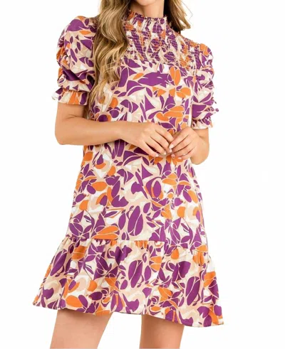 Thml Leaf Print Short Sleeve Smock Dress In Purple/orange In Multi
