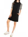 Thml Leopard Sleeves Twist Dress In Basic Black In Black