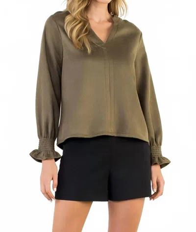 Thml Long Sleeve Suede V Neck Top In Olive In Green