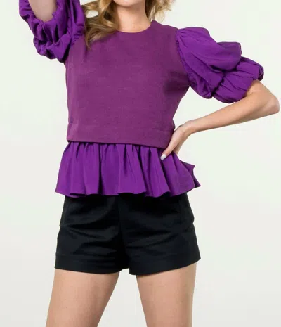 Thml Macy Mixed Media Puff Sleeve Top In Purple