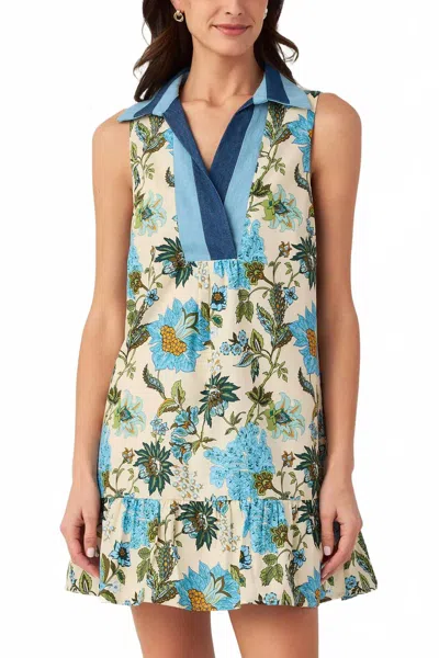 Thml Mixed Media Floral Tiered Dress In Blue Meadow In Multi