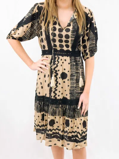 Thml Mixed Print Tassel Midi Dress In Black Tan