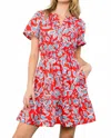 Thml Naomi Printed Dress In Coral Red & Blue In Red