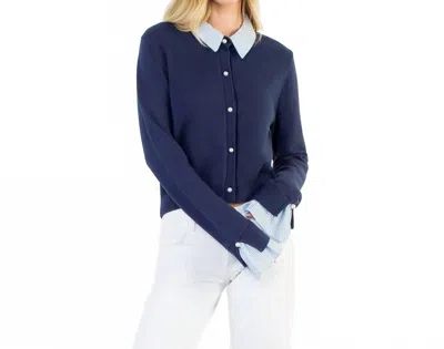 Thml Pearl Button Mixed Media Collared Knit Top In Navy In Blue