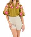 Thml Peony Embroidered Puff Sleeve Textured Top In Olive In Blue