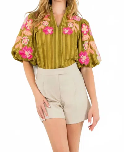 Thml Peony Embroidered Puff Sleeve Textured Top In Olive In Blue