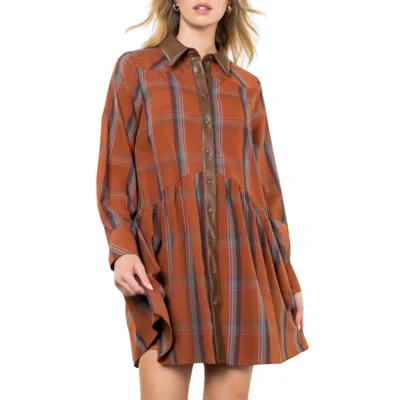 Thml Plaid Contrast Leather Button Dress In Rust In Neutral