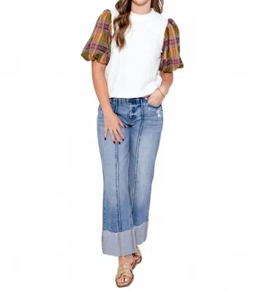 Thml Plaid Perfection Puff Sleeve Top In White Multi