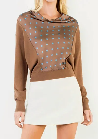 Thml Polka Dot Cowl Neck Mixed Media Top In Brown