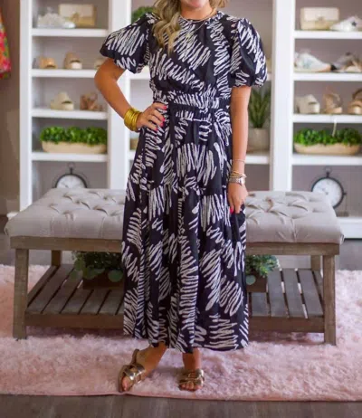 Thml Printed Puff Sleeves Long Dress In Black In Blue