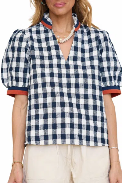 Thml Puff Sleeve Checkered V-neck Top In Blue In Multi