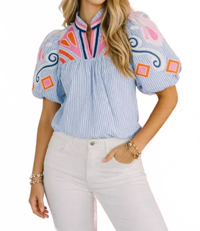 Thml Puff Sleeve Embroidery Textured Top In Blue