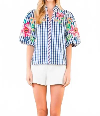 Thml Puff Sleeve Embroidery Textured Top In Blue Gingham In Multi