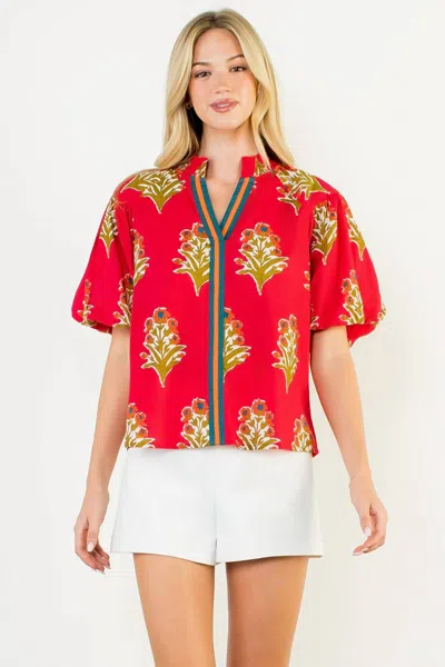 Thml Puff Sleeve Floral Detail Top In Magenta In Red