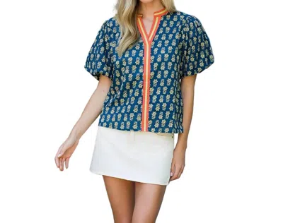 Thml Puff Sleeve Floral Detailed V Neck Top In Blue