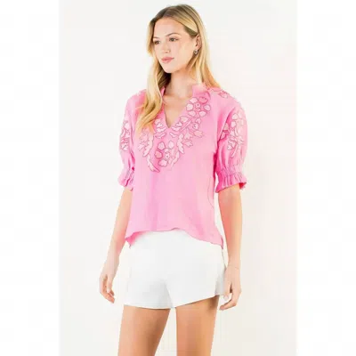 Thml Puff Sleeve Floral Embroidery V-neck Top In Pink