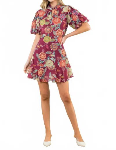 Thml Puff Sleeve Floral Mini Dress In Burgundy In Multi