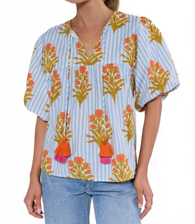 Thml Puff Sleeve Floral Striped Top In Blue In Multi