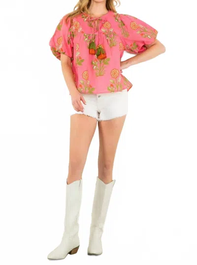 Thml Puff Sleeve Floral Tassel Tie Top In Pink Multi