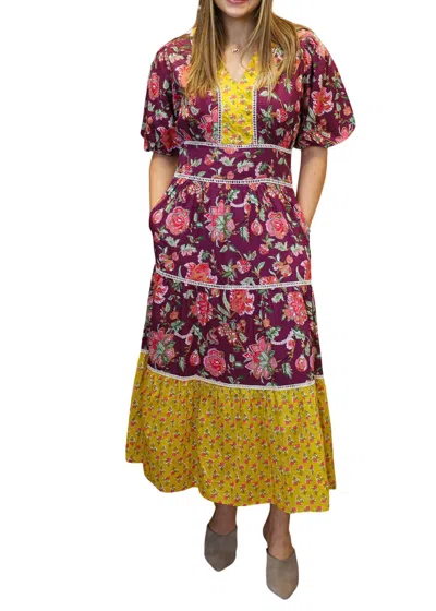 Thml Puff Sleeve Floral Tiered Dress In Plum Multi In Purple