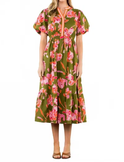 Thml Puff Sleeve Flower Print Dress In Olive And Pink In Multi