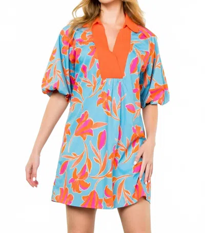 Thml Puff Sleeve Flower Print Mini Dress In Blue In Multi
