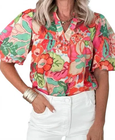 Thml Puff Sleeve Flower Print Top In Orange Multi In Red