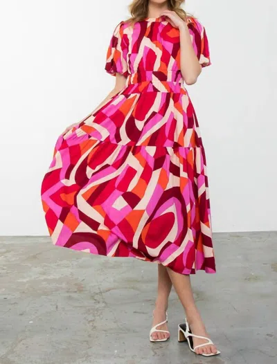 Thml Puff Sleeve Maxi Dress In Pink And Red In Multi