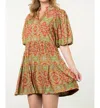 Thml Puff Sleeve Print Dress In Orange/green In Multi