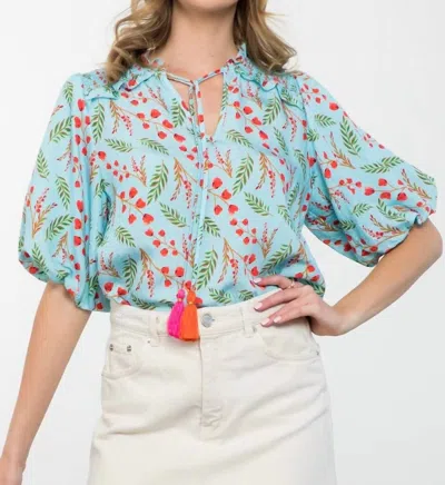 Thml Puff Sleeve Print Top In Blue Multi