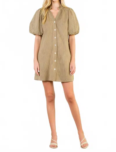 Thml Puff Sleeve Striped Button Dress In Beige In Brown