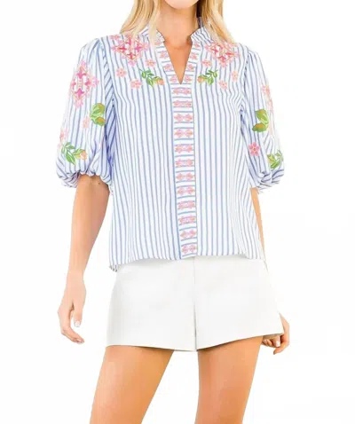 Thml Puff Sleeve Striped Embroidery Detail V-neck Top In Blue Stripe