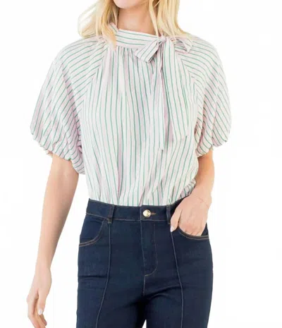 Thml Puff Sleeve Striped Top In Green/ Pink In Multi