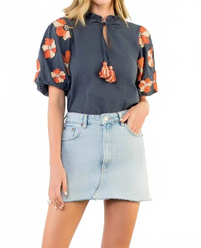 Thml Puff Sleeve Tassel Tie Top In Blue/ Orange In Black