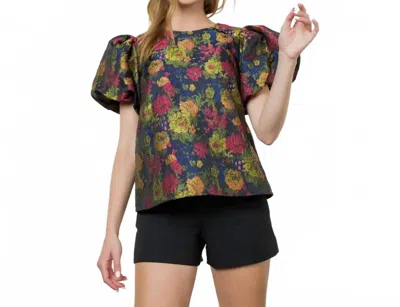 Thml Puff Sleeve Textured Detail Top In Blue In Multi