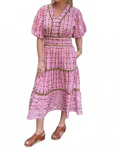 Thml Puff Sleeve Tiered Midi Dress In Pink/olive
