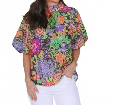Thml Puff Sleeve Top In Green Floral In Multi